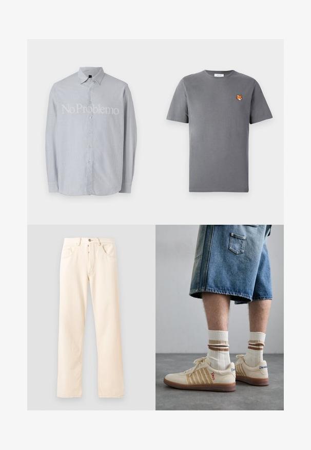 Lichtblauw gestreept overhemd met lange mouwen en een button-down kraag, met op de voorkant een opvallende witte tekst "No Problemo".; Grijze katoenen t-shirt met een kleine borduurmotief van een oranje voskop boven de linkerkant van de borst. Ronde hals, korte mouwen en een klassieke pasvorm.; Lichtbeige denim jeans met een rechte pijp, vijf zakken en een sluiting met een knoop aan de voorkant. Stiksel zichtbaar langs de naden.; Beige retro sneakers met een bruine rubberen zool, met gestreepte accenten en geborduurde logo's. Draag ze met witte sokken met gestreepte bruine details.