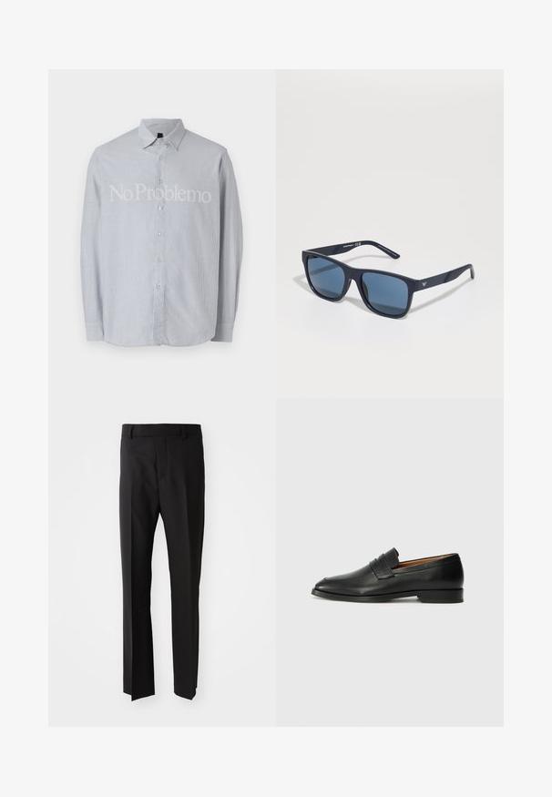 Jasnoniebieska, w paski, koszula z długim rękawem i kołnierzykiem zapinanym na guziki, z wyraźnym napisem "No Problemo" na przodzie.; Czarne spodnie o prostym kroju, wykonane z gładkiego materiału, z paskiem w szlufkach i bocznymi kieszeniami. Brak widocznych wzorów lub akcentów.; Czarne skórzane mokasyny z zaokrąglonym noskiem, subtelnymi przeszyciami i niskim obcasem, charakteryzujące się gładką teksturą i minimalistycznym designem.; Niebieskie prostokątne okulary przeciwsłoneczne z ciemnymi soczewkami, matowa granatowa oprawka, szczegół z logo na zauszniku, proste ramiona oraz solidna, gładka tekstura.