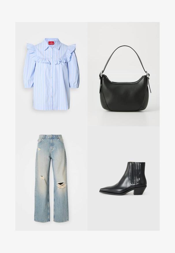 Lyseblå stripete skjorte med rynkede detaljer på skuldrene og foran, med spiss krage og knappestolpe.; Grå ermeløs polo topp, kroppsnært snitt, ribbet tekstur, glatt stoff, har høy krage og stilige skulderutskjæringer.; Lyseblå rett-sittende jeans med høy livhøyde, beltesløyfer, og slitasjeåpninger på venstre lår, høyre kne, og nederste venstre bein.; Sorte skinnankelsko med spiss tå, elastiske sidepaneler med vertikale groper, og en lav blokkhæl. Glatt tekstur og elegant design.; Svart skinnveske med en buet form, sølv glidelås og kort håndtak. Har en subtil logo på forsiden og glatt tekstur.
