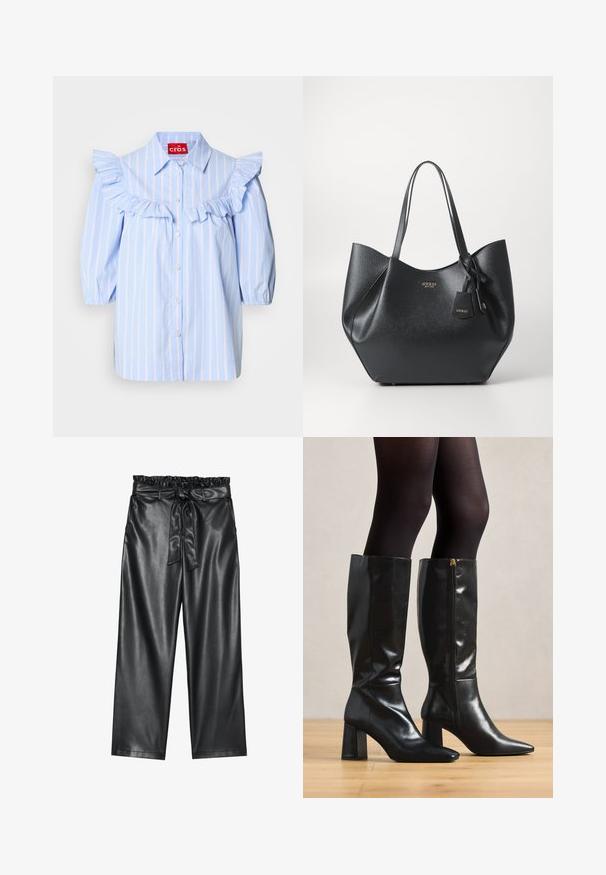 Camisa listrada azul clara com detalhes franzidos nos ombros e na frente, apresentando colarinho pontudo e fecho com botões.; Calças largas de imitação de pele preta com uma cintura elástica e franzida, e um cinto removível. Textura suave e brilho minimal.; Botas de couro pretas até ao joelho, com um acabamento brilhante, ponta afilada e salto grosso. Detalhe de fecho lateral para facilitar o uso.; Saco tote preto feito de material sintético texturizado com uma silhueta ampla, apresentando alças duplas e um detalhe de pendente com a marca.; Brinco de argola prateada com acabamento polido, apresentando pequenos detalhes em dourado e uma forma redonda, usado na orelha.