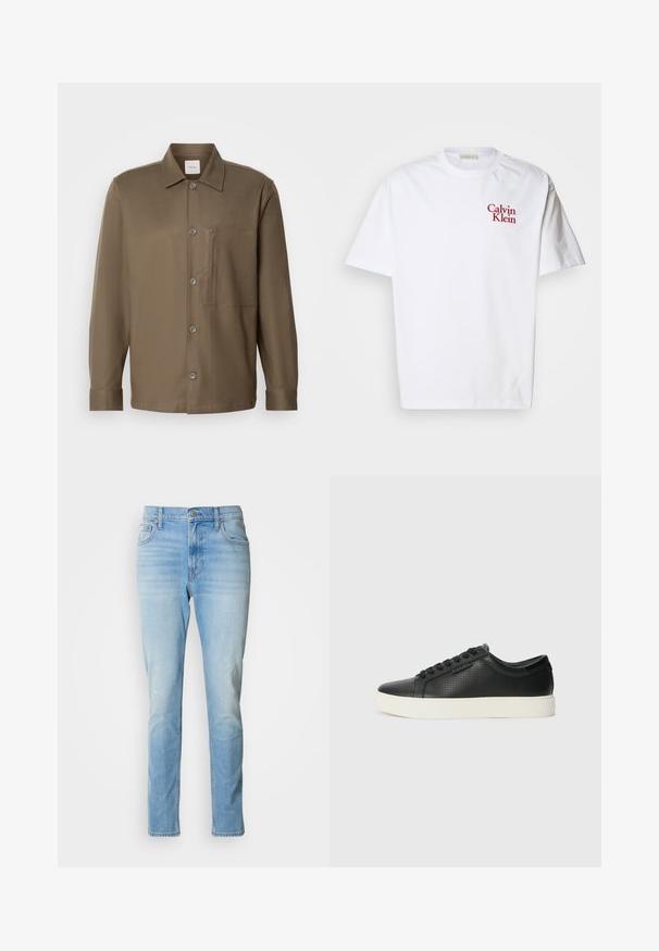 Rjava srajca z gumbi in ovratnikom, dolgimi rokavi, žepom na prsih in gladko teksturo. Ima sivo oblečene gumbe spredaj.; Bela bombažna majica z okroglim izrezom, kratkimi rokavi in rdečim vezenim logotipom "Calvin Klein" na prsih.; Svijetloplave traperice s ravnim krojem, blago izblijedjele, s klasičnim pet džepovima. Imaju kopčanje na gumb i petlje za remen.; Črne usnjene športne copate s perforirano teksturo, okrogle toke in ravnim belim gumijastim podplatom. Imajo črne vezalke in diskreten logo ob strani.