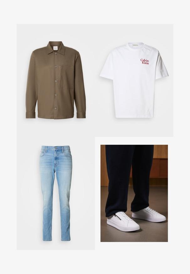 Ruskea nappipaitapusero, jossa on kaulus, pitkät hihat, rintatasku ja sileä pinta. Edessä on harmaita nappeja.; Valkoinen puuvillapaita, jossa on pyöreä kaula-aukko, lyhyet hihat ja punainen kirjailtu "Calvin Klein" -logo rinnassa.; Vaaleansiniset farkut suoralla lahkeella, joissa on hieno haalistuminen ja klassinen viiden taskun muotoilu. Ominaisuuksiin kuuluu nappikiinnitys ja vyölenkit.; Valkoiset tennarit, joissa on sileä nahkapinta, litteä pohja ja nauhakiinnitys. Sivuvetoketju tuo lisää käytännöllisyyttä. Yhdistettynä tummiin collegehousuihin.
