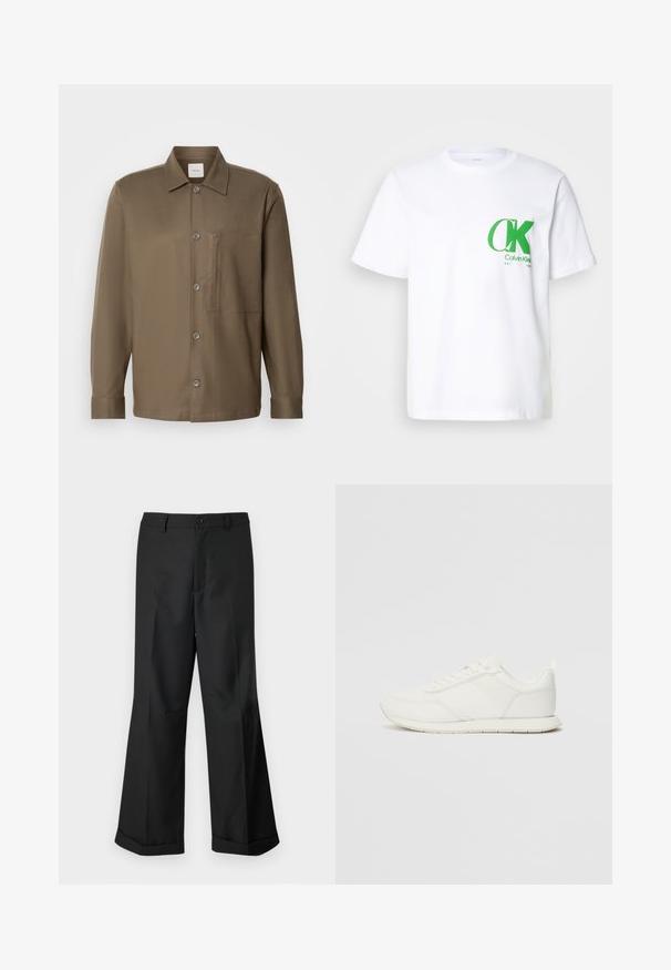 Hnedá košeľa na gombíky s golierom, dlhými rukávmi, náprsníkom a hladkým povrchom. Má sivé gombíky pozdĺž prednej časti.; Biele bavlnené tričko s zeleným logom CK na ľavej hrudi. Klasický dizajn s okrúhlym výstrihom, krátkymi rukávmi a rovnými lemami.; Čierne nohavice s širokými nohavicami a gombíkovým pásom, s manžetami na koncoch, vystavené na jednoduchom bielom pozadí.; Biele tenisky s sieťovaným a syntetickým zvrškom, okrúly špička, ploché šnúrky a štruktúrovaný pruh na boku. Gumová podrážka s pútkom na zadnej strane.