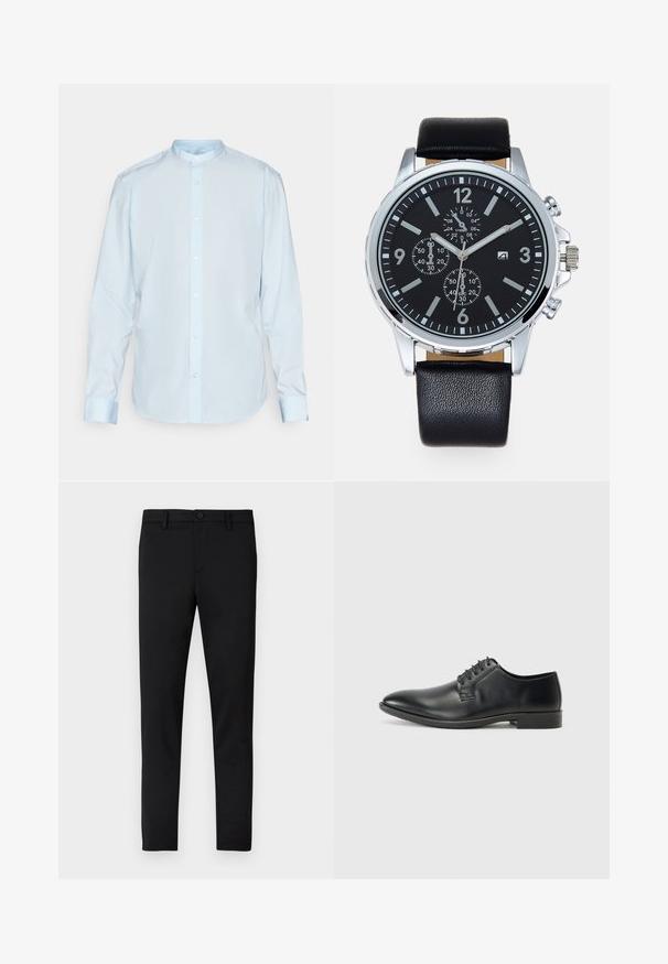 Lichtblauwe lange mouwen shirt van katoen, met een bandkraag en sluiting met knopen aan de voorkant. Soepele textuur met standaard manchetten.; Zwarte strakke broek met een gladde textuur, knoopsluiting, riemlussen, en zonder zichtbare patronen of accenten.; Zwarte leren veterschoenen met een gladde afwerking, puntige neus en lage blokhak. Voorzien van vijf paar oogjes voor de veters.; Zwarte leren horlogeband met een zilveren roestvrijstalen kast. Zwarte wijzerplaat met witte uurmarkeringen, zilveren wijzers en drie sub-dials.