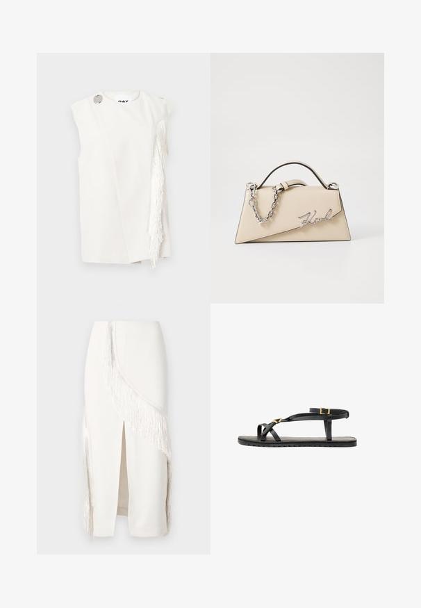 Top alb fără mâneci cu detaliu franjuri laterali, accent buton argintiu pe umăr, material neted cu design structurat, siluetă minimalistă.; Fustă albă din creion cu detalii din franjuri pe o parte, având o tăietură frontală, realizată dintr-un material neted cu o formă structurată.; Sandale negre din piele, cu curele subțiri și o curea cu cataramă la gleznă. Talpă plată cu un finisaj texturat și margine în zigzag. Design minimalist.; Geantă din piele bej, cu o formă structurată, triangulară, având un mâner din lanț argintiu și un logo cursiv din metal.