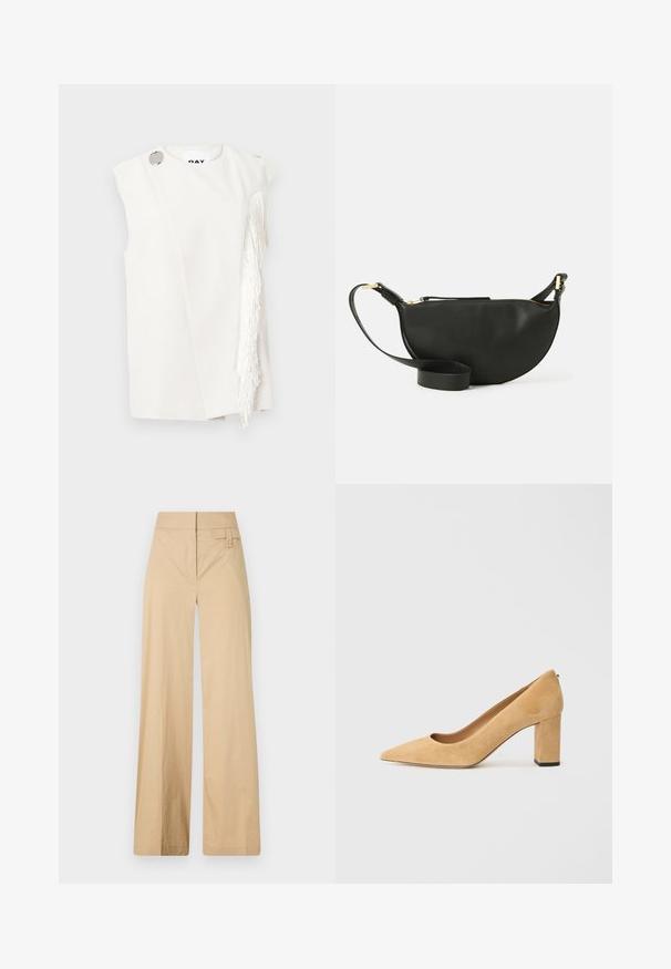 White sleeveless top with side fringe detail, silver button accent at shoulder, smooth fabric with a structured design, minimalistic silhouette.; Beige wide-leg pants made of cotton blend fabric. Features a smooth texture, elastic waistband, and a side button detail.; Beige suede high-heeled pump with a pointed toe and a chunky block heel. The material has a soft texture with a smooth finish.; Black leather crossbody bag with half-moon shape, textured surface, gold zipper, and a flat strap. Compact design suitable for essentials.
