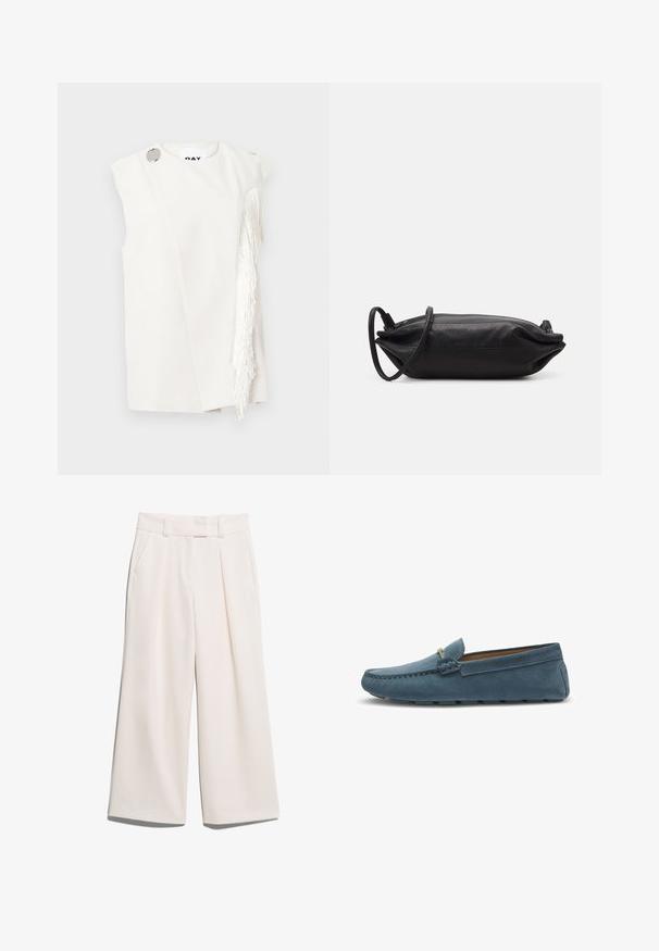 Weißes ärmelloses Oberteil mit seitlichen Fransen, silberner Knopfapplikation an der Schulter, glatter Stoff mit strukturiertem Design, minimalistische Silhouette.; Weite Hosen in einem hellen Cremefarbton, aus glattem Stoff mit zwei Vordertaschen und sichtbaren Nähten am Bund.; Blaue Wildleder-Slipper mit flacher Sohle, die an den Kanten mit einer gestickten Gestaltung versehen sind und einen dekorativen Metallelement an der Vorderseite besitzen.; Schwarze Leder-Clutch mit rechteckiger Form, glatter Textur, dünnem Schulterriemen und minimalistischer Gestaltung.