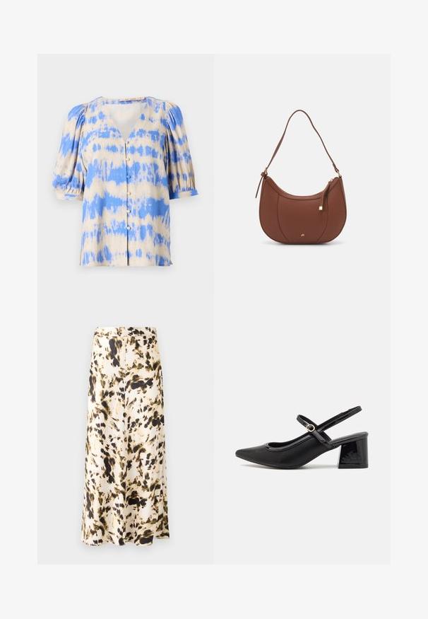 Korte mouw, V-hals blouse in een beige en blauwe tie-dye patroon, met pofmouwen en een knoopsluiting aan de voorkant. Gemaakt van lichte stof.; Een knielange rok van lichte stof met een abstract patroon in beige, bruin en groen. Heeft een aansluitende tailleband en een vloeiende vorm.; Zwarte gepolijste leren slingback hakken met een spitse neus, een ronde uitsnede en een blokhak. Voorzien van een gouden gespaccent.; Bruine faux leren schoudertas met een gebogen vorm, minimale stiksels en een gouden hardware-accent. Voorzien van een bovenste ritsluiting en een verstelbare schouderband.
