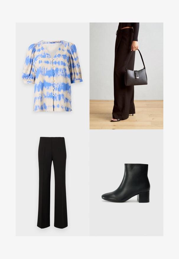 Short-sleeve, v-neck blouse in beige and blue tie-dye pattern, featuring puff sleeves and button front detail. Made from lightweight fabric.; Black tailored straight-leg trousers with a high waist and front pleats, displayed against a plain background.; Black leather ankle boots with a pointed toe and a chunky heel. Smooth texture with minimal accents and a sleek, fitted design.; Black handbag with structured shape, smooth texture, and a metallic clasp. Paired with wide black pants and open-toe sandals on wooden floor.
