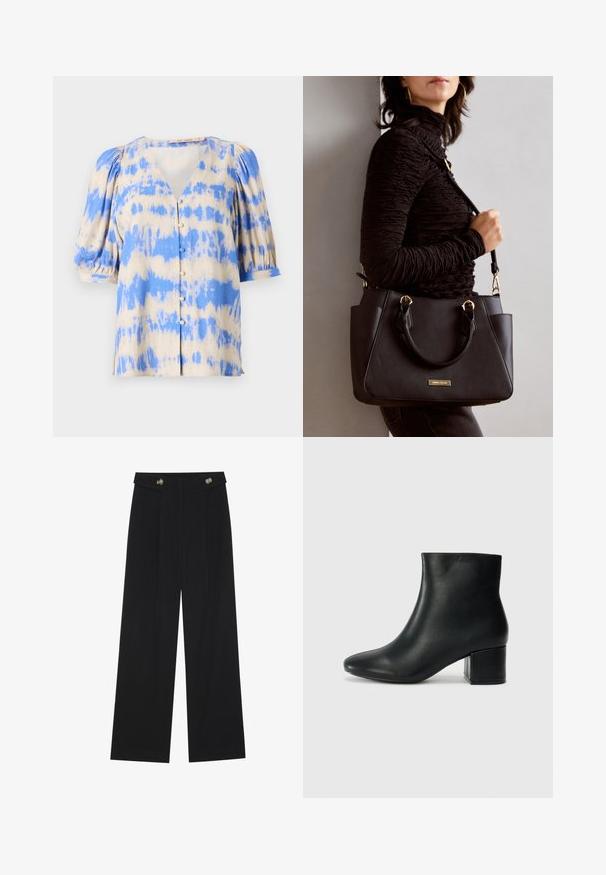 Blusa de manga curta, com decote em V, em padrão tie-dye bege e azul, featuring mangas bufantes e detalhe de botões à frente. Feita de tecido leve.; Calças largas pretas com cintura alta, detalhes em botão na cintura e pregas frontais.; Botas de tornozelo em pele preta com bico pontiagudo e um salto robusto. Textura suave com acentos mínimos e um design ajustado e elegante.; Bolsa preta com superfície texturizada, alças superiores duplas e alça de ombro ajustável. Apresenta ferragens em tom dourado e bolsos laterais.