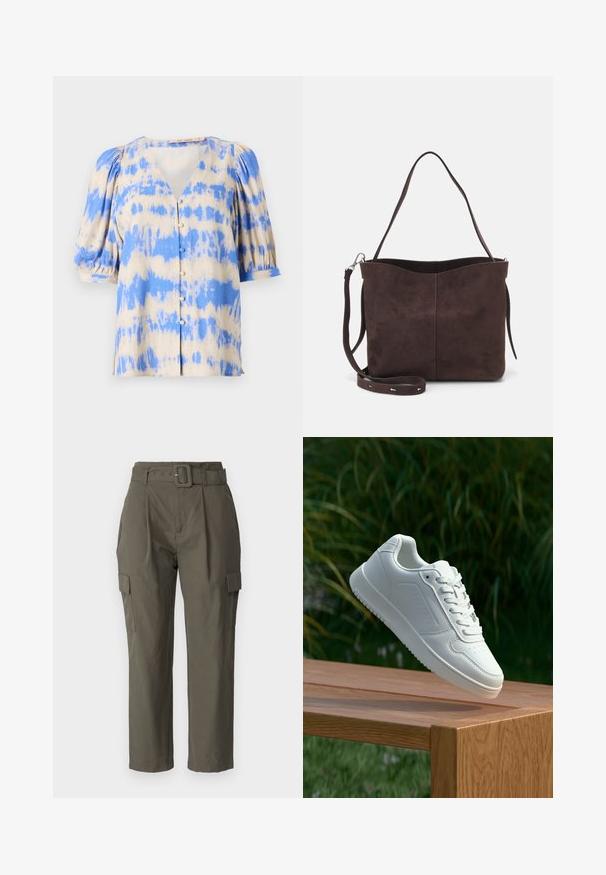 Short-sleeve, v-neck blouse in beige and blue tie-dye pattern, featuring puff sleeves and button front detail. Made from lightweight fabric.; Cargo pants in olive green, made of lightweight fabric. Features include a belted waist, front pleats, and side pockets with flap closures.; White sneaker with a smooth synthetic upper, perforated toe box, flat laces, and a textured sole, displayed on a wooden surface.; Brown suede tote bag with a soft texture, featuring a single shoulder strap and a subtle curved top opening. No visible hardware details.