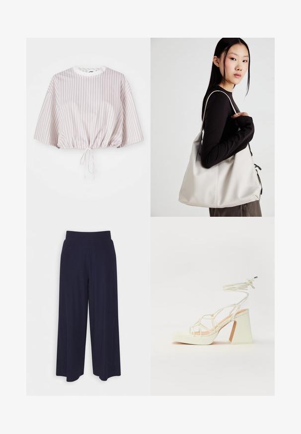 Izgriezts tops ar īsām piedurknēm gaismas lavandas un baltām vertikālām svītrām. Tam ir stieples kakla galā, lai pielāgotu izmēru.; Platas kājas bikses tumši zilā audumā ar svītrainu tekstūru. Aprīkotas ar gludu jostasvietu un plūstošu siluetu, sasniedzot vidus teļus.; Baltas augstpapēžu sandales ar masīvu papēdi, ar siksnu dizainu un potītes saistītiem elementiem. Gluda tekstūra ar platformu priekšpusē, lai nodrošinātu papildu augstumu.; Bežs rokassoma, izgatavota no mīksta materiāla, ar brīvu dizainu, izšūtu apdari un divām plecu siksnām. Piemērota ikdienas lietošanai.