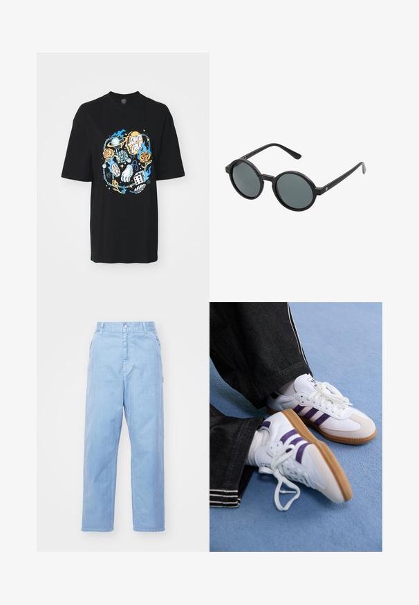 Camiseta negra con un diseño gráfico colorido que presenta un planeta, rosas, un signo de paz y dados en el centro. Fabricada en algodón, de corte relajado.; Pantalones de mezclilla azul claro con un diseño de pierna recta, cierre de botón y bolsillos delanteros. La tela tiene una textura sutil con un acabado suave.; Zapatillas deportivas blancas con rayas moradas y suelas de goma marrón, con cordones redondos y un cuello acolchado. Llevadas con pantalones de mezclilla oscuros.; Gafas de sol redondas con montura de plástico negro y lentes gris oscuro. Presentan varillas delgadas y rectas con acentos minimalistas.