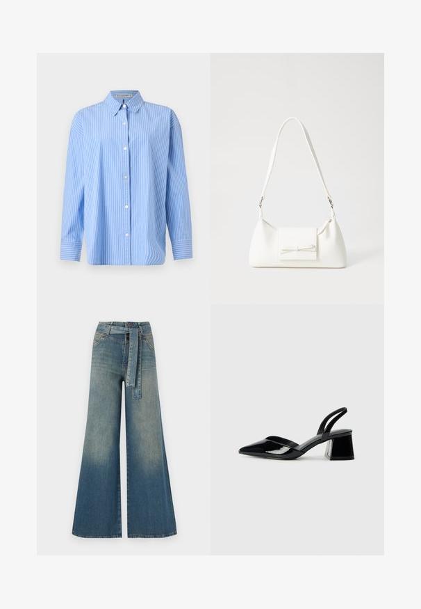 Hele sinine puuvillane särk, millel on valged vertikaalsed triibud. Omab klassikalist kraed ja pikki varrukasid nuppe toetava mansetiga.; Laiad denimpüksid, millel on hele tume sinine gradiendiefekt, kõrge vöökoht, vöökumlid ja sobivast kangast vöö. Struktureeritud denimi viimistlus.; Mustad musta lakknahk kingad, millel on terav varvas ja geomeetriline plokkkonts. Omab elegantselt minimalistlikku disaini ja sujuvat tekstuuri.; Valge sünteetilisest materjalist kott kolmnurkse kujuga, lame esiklapiga ja kaaredetailiga, reguleeritava rihmaga, sileda tekstuuriga ja minimalistliku disainiga.