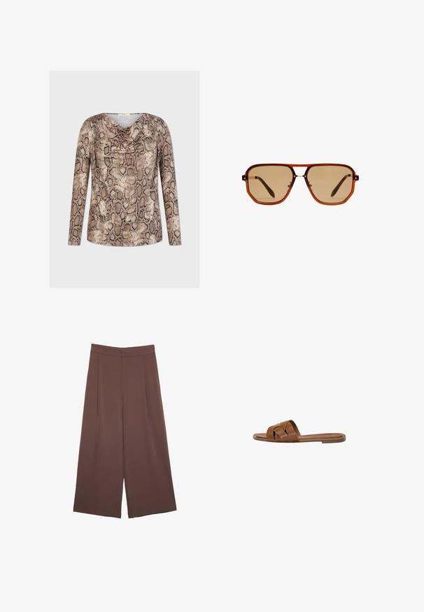 Maglia a maniche lunghe con stampa serpente marrone e beige, con scollatura drappeggiata e texture di tessuto liscia, progettata per un fit rilassato.; Pantaloni ampi marroni con una texture liscia, caratterizzati da una vita alta e pieghe frontali. Il tessuto è leggero e scorre liberamente.; Sandalo in pelle marrone con fasce incrociate, suola piatta e una texture liscia. Design semplice senza decorazioni o motivi.; Occhiali da sole ottagonali marroni con montatura trasparente color ambra e lenti sfumate marroni. Caratterizzati da un accento metallico sul ponte e stecche sottili.; COACH TABBY SHOULDER BAG 26 - Borsa a mano - dark stone
