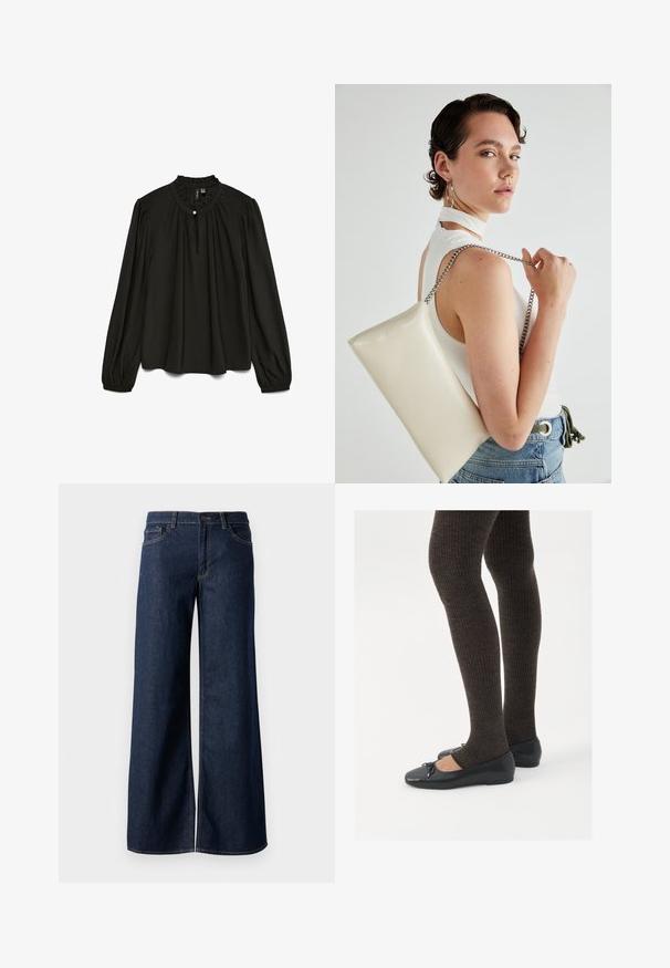 Blusa nera a maniche lunghe con scollatura rotonda raccolta, caratterizzata da un sottile dettaglio con bottoni e una silhouette fluida realizzata in tessuto leggero.; Jeans a gamba larga in denim blu scuro. Presentano cuciture a contrasto, cinque tasche e una chiusura con bottone in vita. Texture morbida.; Scarpe nere a flat con un piccolo fiocco sulla punta, abbinate a collant a coste marrone scuro. Le scarpe hanno una texture liscia e un profilo basso.; Borsa a pochette rettangolare bianca realizzata in materiale lucido, con una tracolla in catena argentata. Il modello posa, mostrando la borsa su uno sfondo semplice.