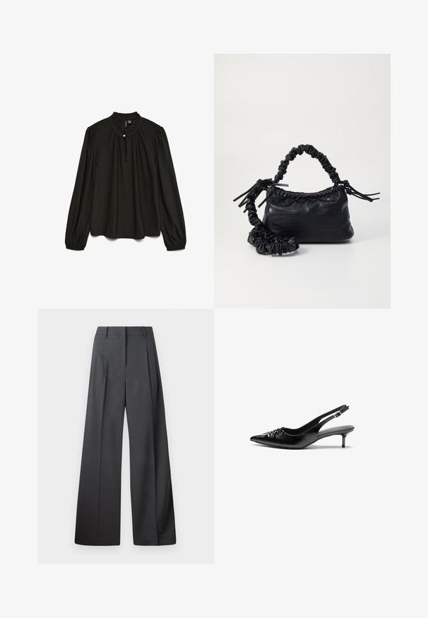 Svart langermet bluse med rynket rund hals, med en subtil knappdetalj og flytende silhuett laget av lett stoff.; Vide bukser i mørkegrått stoff med høy livlinje, enkel press, og en glatt tekstur med en ren finish på ermekantene.; Svarte lær slingback-hæler med spiss tå, lav kitten-hæl og samlet detalj på vristen. Jevn tekstur og minimalistisk design.; Svart faux skinn-håndveske med krokodilletekstur, strammet topp og en rynket stropp. Ser myk og kompakt ut i designen.