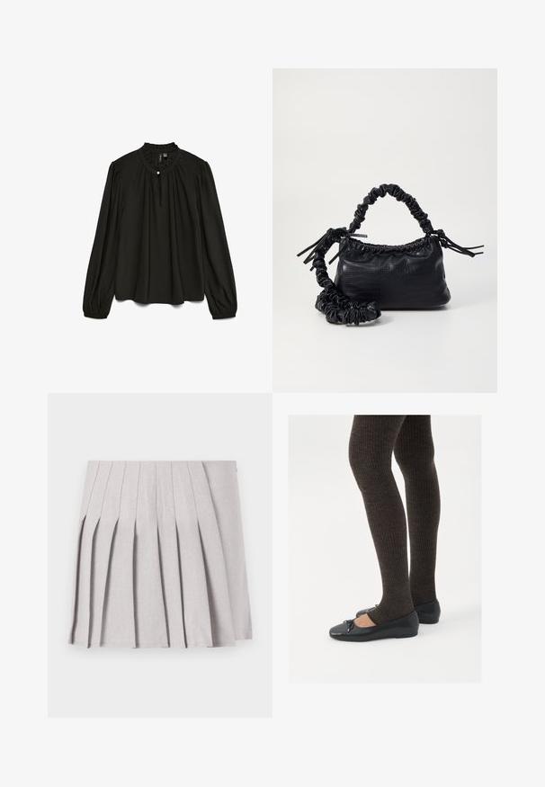 Black long-sleeve blouse with a gathered round neckline, featuring a subtle button detail and flowing silhouette made from lightweight fabric.; Gray pleated skirt with a smooth texture, featuring multiple vertical folds and a fitted waistline. Made from lightweight fabric.; Black flat shoes with a small bow detail at the toe, paired with dark brown ribbed tights. Shoes have a smooth texture and low profile.; Black faux leather handbag with a crocodile texture, cinched top, and a scrunched strap. Appears soft and compact in design.