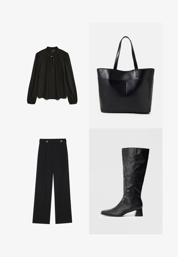 Juoda ilgos rankovės palaidinė su sukauptu apvaliu kaklu, turinti subtilią sagčių detalę ir laisvą siluetą, pagaminta iš lengvos medžiagos.; Juodi plačios kojos kelnės su aukštu liemeniu, sagų detalėmis ant liemens ir priekinėmis raukšlėmis.; Juodas odinis vidutinio ilgio botas su smailiu kojų pirštu ir blokuotu kulnu ant vienspalvio šviesaus fono.; Juoda odinė rankinė su dviem ilgais diržais, lygiu paviršiumi ir struktūrizuota forma. Yra priekinė kišenė papildomam saugojimui.