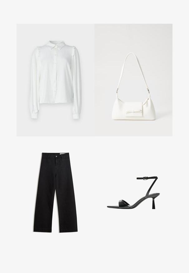 Weißes Langarm-Hemd mit Kragen, das Rüschendetails an den Schultern und elastische Bündchen aufweist. Weicher, glatter Stoff.; Schwarze weit geschnittene Jeans mit hoher Taille, ausgestattet mit Vorder- und Hintertaschen, gesteppten Nähten und einem Knopfverschluss. Glatte Textur.; Bershka High Heel Sandalette - black; Weiße synthetische Handtasche in dreieckiger Form, flache Vorderklappe und Schleifendetail, verstellbarer Trageriemen, glatte Textur und minimalistisches Design.