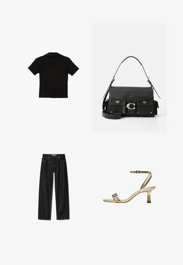 Czarna koszulka polo z krótkim rękawem, wykonana z miłego w dotyku materiału, z klasycznym kołnierzykiem i wykończeniem u dołu, bez widocznych wzorów lub akcentów.; Ciemnogranatowe dżinsy o prostym kroju, z zamkiem na mosiężny guzik i kontrastującym żółtym przeszyciem. Posiadają pięć kieszeni i klasyczny krój.; Złote metaliczne sandały na wysokim obcasie z paskiem wokół kostki, dwoma wąskimi pasami z przodu i słupkiem. Posiadają dekoracyjne zdobienia.; Czarna skórzana torebka na ramię z klapką, srebrnymi detalami, dwiema przednimi kieszeniami, kontrastowym przeszyciem oraz odpinanym paskiem na ramię.