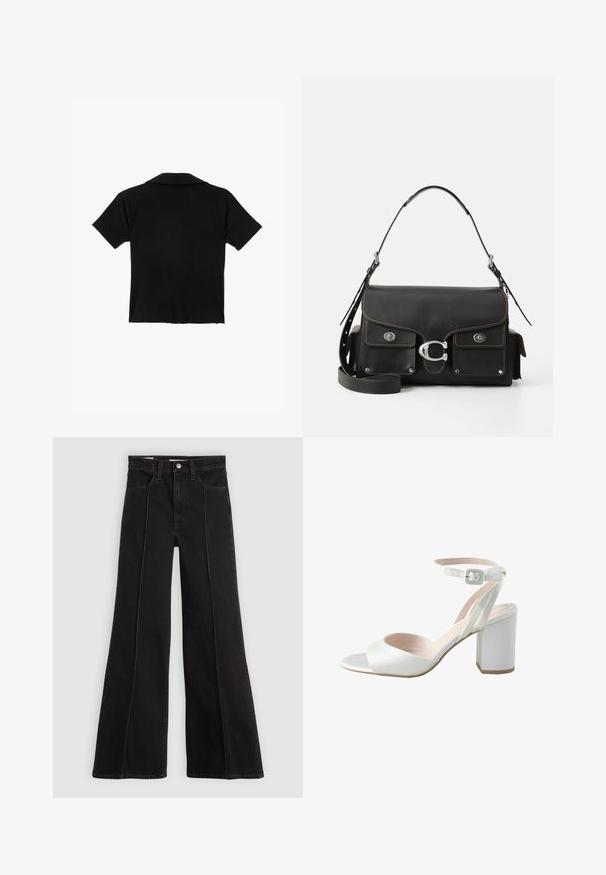 Schwarz kurzärmliges Poloshirt aus weichem Stoff, mit klassischem Kragen und Saumabschluss, ohne sichtbare Muster oder Akzente.; Schwarz hohe Taillenweite Jeans mit breitem Bein und Frontnahtdetails, Knopfverschluss, Gürtelschlaufen und frontalen Taschen auf einem schlichten hellen Hintergrund.; Weiße High-Heels Sandale mit glänzendem Satin-Obermaterial, weitem Blockabsatz und Knöchelriemen mit einer kleinen Schnalle. Sanfte Textur, minimalistisches Design.; Schwarze lederne Handtasche mit Klappenverschluss, silbernen Beschlägen, zwei Vordertaschen, kontrastierenden Nähten und einem abnehmbaren Schultergurt.; Halskette in Goldfarbe mit mehreren ineinander verschlungenen Ringen mit schwarzen und weißen Akzenten, aufgehängt an einer feinen Kette mit einem Verschluss.