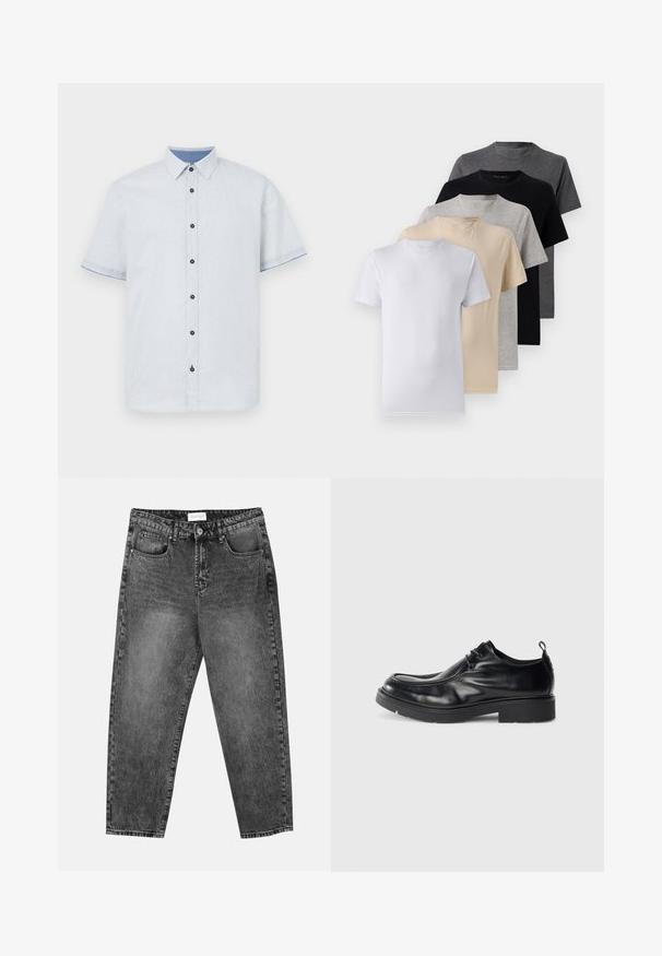 Camisa de botão de mangas curtas em azul claro com um padrão subtil, apresentando um colarinho contrastante e botões escuros na parte da frente.; Conjunto de cinco t-shirts de manga curta nas cores branco, bege, cinza claro, cinza escuro e preto. Feitas de algodão suave, com design de gola redonda.; Jean straight-leg preto deslavado com bolsos frontais e traseiros, passantes para cinto e fecho de botão na cintura.; Sapatilha de pele preta com bico arredondado, frente com atacadores e uma costura decorativa. Apresenta uma sola de borracha grossa e texturizada e um tab de calcanhar.