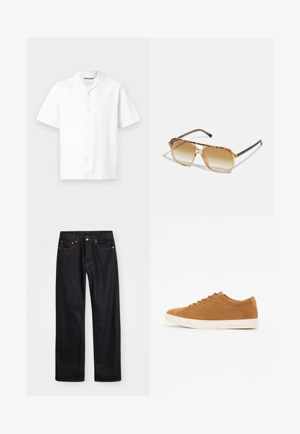 Bela kratka majica s kratkimi rokavi iz teksturirane tkanine. Ima ovratnik s prerezom in pet sprednjih gumbov ter ravno obrobje. Lahka zasnova.; Moške črne kavbojke ravnega kroja z petimi žepi in oranžnim šivanjem, z gumbom in zadrgo na sprednjem pasu.; Rjavi semiš športni copati z nizkim dizajnom, belem gumijastem podplatu in okroglo oblikovanim nosom. Imajo usklajene vezalke in minimalno blagovno znamko na peti.; Želve očala s pravokotnim okvirjem, rjavimi gradientnimi lečami in elegantnimi črnimi ročaji, ki vsebujejo subtilne logotipne akcentke.