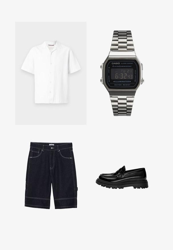 Witte shirt met korte mouwen, gemaakt van een gestructureerde stof. Voorzien van een notch-kraag en vijf knopen aan de voorkant met een rechte zoom. Lichtgewicht ontwerp.; Donkerdenim shorts met contrasterende stiksels, vijf zakken, een knoopsluiting en een recht verwijd ontwerp. Geen zichtbare patronen of texturen.; Zwarte glanzende leren instappers met een gestreepte band, uitgerust met een stevige zwarte rubberen zool met diepe profiel en een klassiek moccasinstijl.; Digitale Casio-horloge met roestvrijstalen band. Zwarte wijzerplaat toont tijd en dag, heeft knoppen aan de zijkant en is waterdicht.