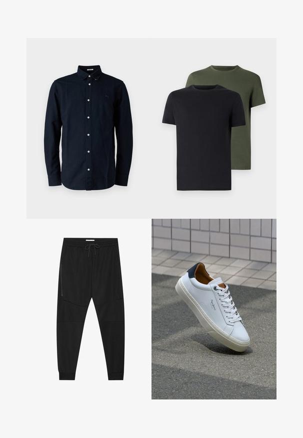 Camicia button-up blu navy in cotone, con colletto classico, maniche lunghe e un piccolo logo ricamato sul petto.; Due magliette a girocollo in nero e verde oliva, realizzate in morbido cotone. Il design è semplice, con maniche corte e un taglio dritto.; Pantaloni sportivi neri in tessuto texturizzato, dotati di una vita regolabile, tasca laterale con zip e polsini a gamba affusolata.; Sneaker bianca in pelle con tallone blu, punta rotonda e accenti marroni a contrasto. Presenta lacci piatti e suola in gomma testurizzata.