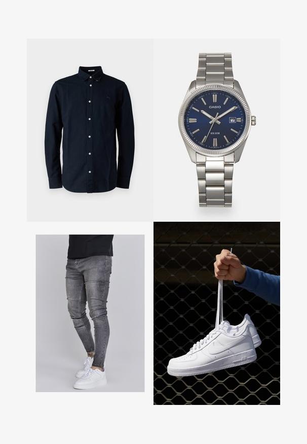 Tumši zilas krāsas pogājama krekla, kura izgatavota no kokvilnas, klasiskās apkakles, garām piedurknēm un neliels izšūts logotips uz krūšu.; Tievās džinsās bālganā pelēkā denimā, kas izceļas ar nolietotām detaļām pie ceļgaliem, apvienotas ar baltām kedām. Gluda tekstūra, šaurs piegriezums.; Baltas ādas sporta apavi ar perforācijām, apaļu purngali, plakanu zoli un biezām šņorēm, ar redzamu swoosh logo un vārdu "AIR" uz papēža.; Sudraba nerūsējošā tērauda rokas pulkstenis ar tumši zilu ciparnīcu, metalizētiem stundu rādītājiem un datuma logu pie pulksten 3. Ūdensizturīgs līdz 50 metriem.