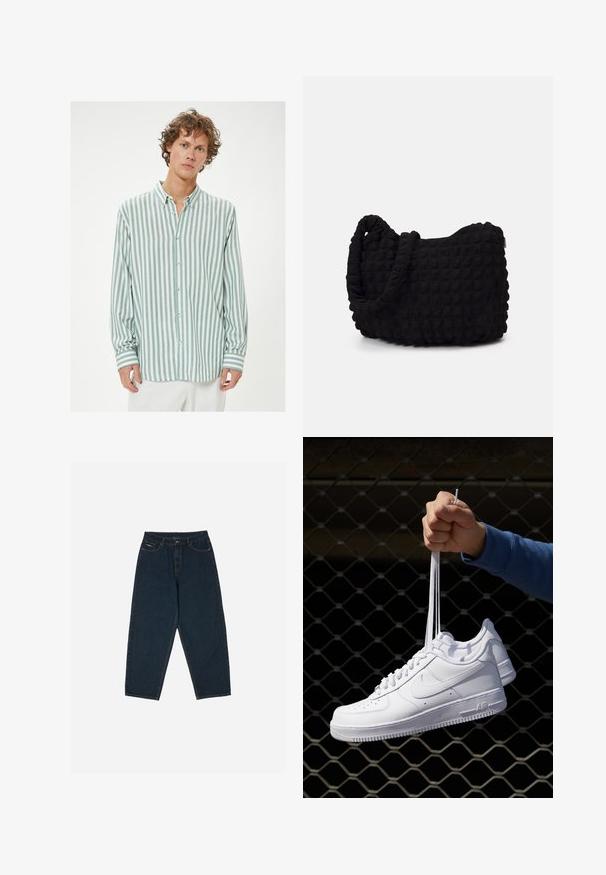 Camisa ligera de botones con rayas verticales en verde azulado y blanco, cuello, un bolsillo en el pecho, y mangas largas con puños a rayas.; Vaqueros oscuros de talle alto con un ajuste relajado, con cinco bolsillos y cierre de botón. Confeccionados en denim de textura suave.; Zapatillas de cuero blanco con perforaciones, punta redonda, suela plana y cordones gruesos, con un logo de swoosh visible y "AIR" en el talón.; Bolsa de tela negra con un patrón texturizado y acolchado. Forma redondeada, asas cortas y gruesas, y una estructura blanda y flexible.