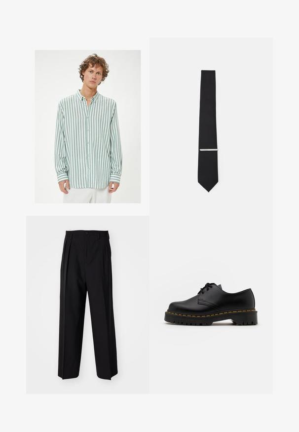 Kevyt napillinen paita, jossa on pystysuorat teal- ja valkoiset raidat, kaulus, yksi rinnatasku sekä pitkät hihat raidoitetuilla hihansuilla.; Mustat laskostetut housut, joissa on suora, leveä lahje. Valmistettu sileästä kankaasta, jossa on nappisuljenta ja vyölenkit.; Musta nahkainen nauhakenkä, jossa on pyöreä kärki, kuvioitu kumipohja ja keltaiset tikit ympäri pohjaa. Litteä muotoilu ja sileä pinta.; Musta solmio, joka on valmistettu sileästä kankaasta, kapealla leikkauksella ja hopeisella solmionsiteellä, joka korostaa sen muotoilua.