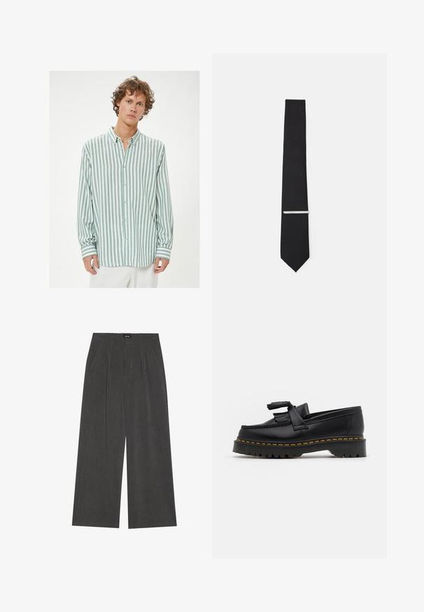 Kevyt napillinen paita, jossa on pystysuorat teal- ja valkoiset raidat, kaulus, yksi rinnatasku sekä pitkät hihat raidoitetuilla hihansuilla.; Rento-hameet tummanharmaasta kankaasta, jossa on pleidatut etuosat, kaksi sivutaskua ja litteä vyötärö. Sujuva rakenne ja räätälöity muotoilu.; Musta nahkakengät, joissa on tupsuakkentti, paksu musta pohja ja keltainen ommel reunassa. Rakeinen pinta.; Musta solmio, joka on valmistettu sileästä kankaasta, kapealla leikkauksella ja hopeisella solmionsiteellä, joka korostaa sen muotoilua.