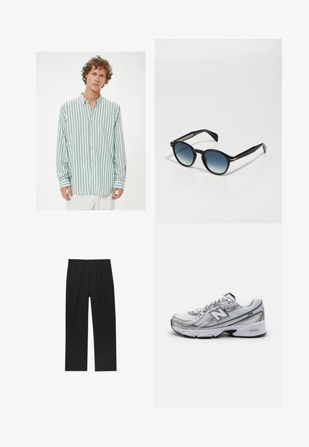 Lichtgewicht button-up shirt met verticale teal en witte strepen, kraag, enkele borstzak en lange mouwen met gestreepte manchetten.; Zwarte broeken met een recht model, gemaakt van een gladde stof. Voorzien van een voorplooien en een enkele knoopsluiting bij de taille.; New Balance sportieve schoen met een bovenwerk van mesh, voornamelijk wit met grijze en marineblauwe accenten, voorzien van een gevoerde zool en textuurdetails.; Zwarte zonnebril met een ovale vorm, gradient blauwe lenzen en slanke armen met unieke zilveren accenten. Gladde textuur overal.