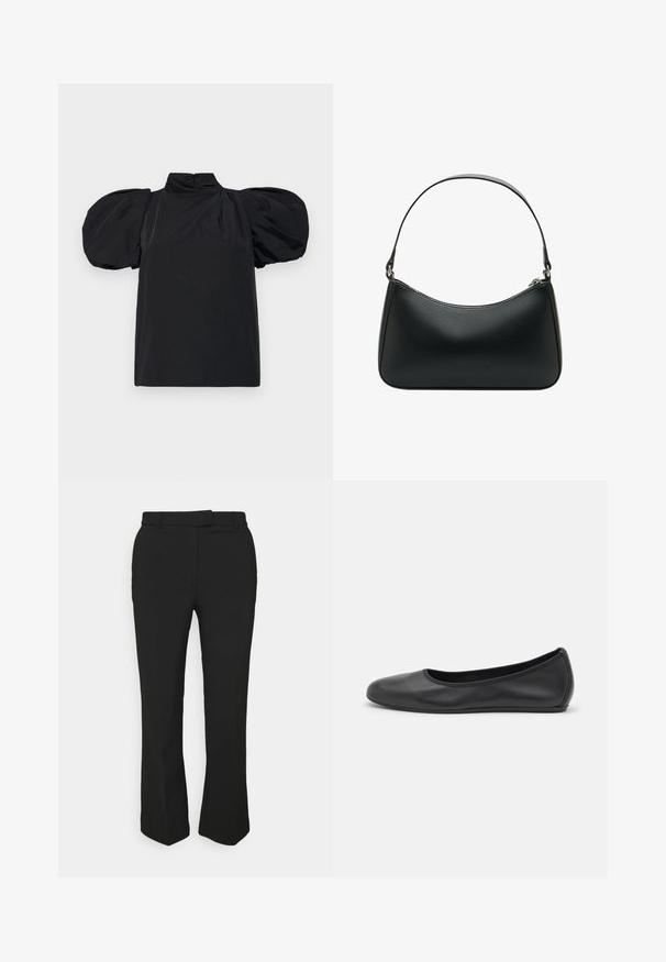 MOSCHINO - Bluzka; Czarne, dopasowane spodnie o prostym kroju, z pętelkami na pasek i kieszeniami po bokach. Wykonane z gładkiego materiału o czystym wykończeniu.; Czarne skórzane baletki z zaokrąglonym noskiem, gładką fakturą, minimalnymi przeszyciami i elastycznym designem podeszwy.; Czarna skórzana torba na ramię o zakrzywionym kształcie, z pojedynczym płaskim paskiem i zamknięciem na zamek błyskawiczny u góry. Gładka tekstura z minimalnymi detalami metalowymi.