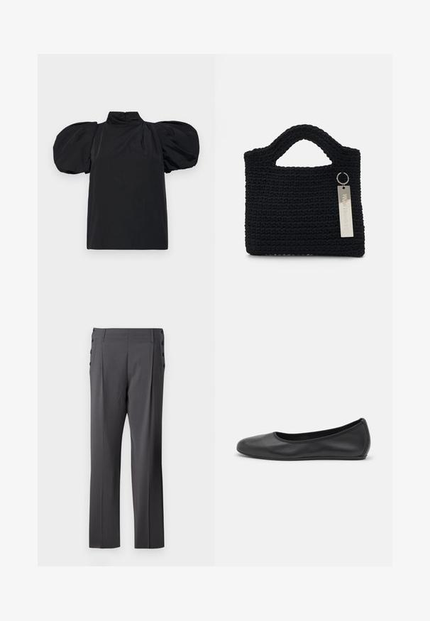 MOSCHINO CAMICIA - Blůza - nero; Šedé kalhoty na míru se rovnou nohavicí, předními sklady a dekorativními bočními knoflíky pro dodatečný detail. Hladká textura látky.; Černé kožené baletní byty s kulatou špičkou, hladkou texturou, minimálními švy a flexibilním designem podrážky.; Won Hundred MARSIELLE COMPUTER BAG UNISEX - Taška na laptop - black