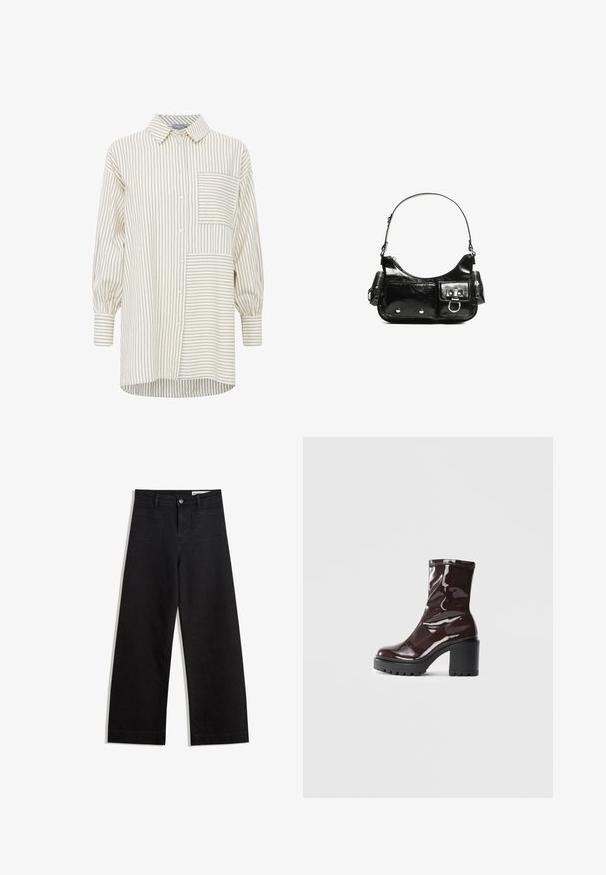 Gestreiftes Hemd in Beige und Creme, mit einer Brusttasche, langen Ärmeln und einem lockeren Schnitt mit abgerundetem Saum.; Schwarze weit geschnittene Jeans mit hoher Taille, ausgestattet mit Vorder- und Hintertaschen, gesteppten Nähten und einem Knopfverschluss. Glatte Textur.; Glatte bordeauxrote Ankle Boots mit einem klobigen schwarzen Absatz, die eine glatte Oberfläche und ein einfaches Design aufweisen. Keine sichtbaren Verschlüsse oder Muster.; Schwarze Lackleder-Handtasche mit geschwungenem Design, einem Schulterriemen, Vordertaschen und silberfarbenen Hardware-Akzenten.