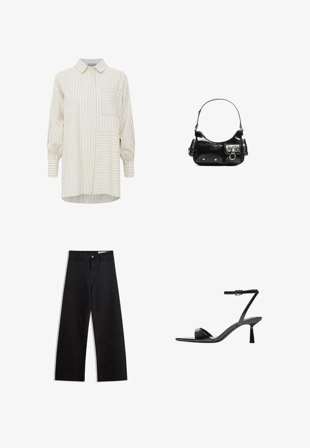Striped button-up shirt in beige and cream, featuring a chest pocket, long sleeves, and a relaxed fit with a rounded hem.; Black wide-leg denim pants with a high waist, featuring front and back pockets, stitched seams, and a button closure. Smooth texture.; Bershka High heeled sandals - black; Black patent leather handbag with a curved shape, one shoulder strap, front pockets, and silver-tone hardware accents.