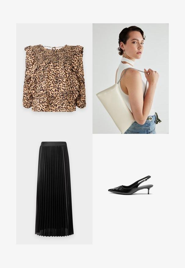 Bluse mit Leopardenmuster, featuring ein gerafftes Oberteil, Rüschensleeves und eine lockere Passform; aus leichtem Stoff in Beige- und Schwarztönen hergestellt.; Schwarzer Faltenrock mit einem glatten Bund, aus leichtem Stoff gefertigt. Ausgestattet mit klaren, vertikalen Falten und einem Design in knielanger Länge.; Schwarze Leder-Slingback-Absätze mit einer spitzen Zehenform, kleinen Kitten-Absätzen und einem dekorativen Knoten-Detail auf der Vorderseite. Glatte Textur über die gesamte Fläche.; Weiße rechteckige Clutch aus glänzendem Material mit einem silbernen Kettenriemen. Das Model posiert und präsentiert die Tasche vor einem schlichten Hintergrund.