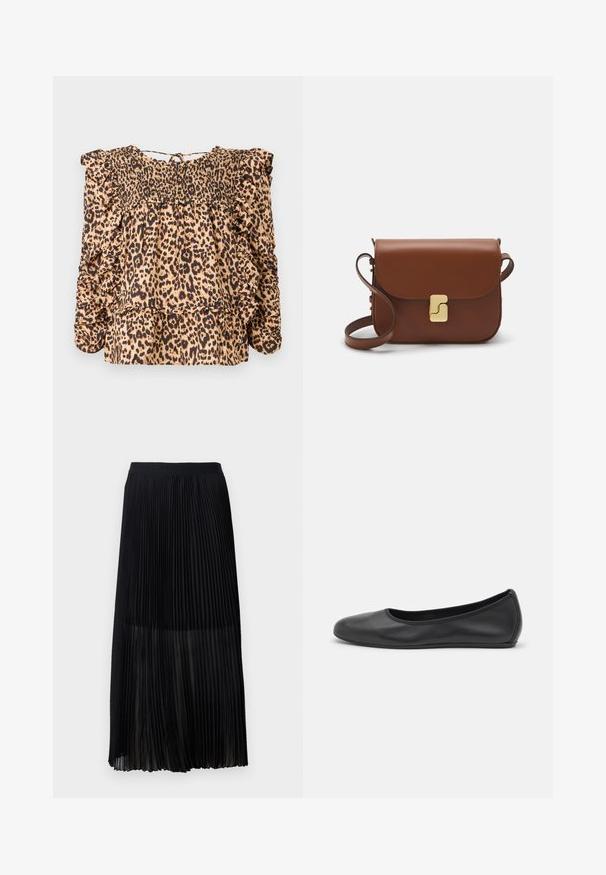 Blouse à imprimé léopard présentant un buste froncé, des manches volantées et une coupe décontractée ; fabriquée en tissu léger dans des tons beiges et noirs.; Jupe midi plissée noire avec une taille élastique lisse et une superposition transparente, présentant de fins plis verticaux sur toute la surface du tissu.; Ballerines en cuir noir avec un bout rond, texture lisse, détails de couture minimalistes et design de semelle flexible.; Sac à main en cuir marron avec une fermeture à rabat, des accents en métal doré, une bandoulière et une texture lisse. Forme rectangulaire compacte.