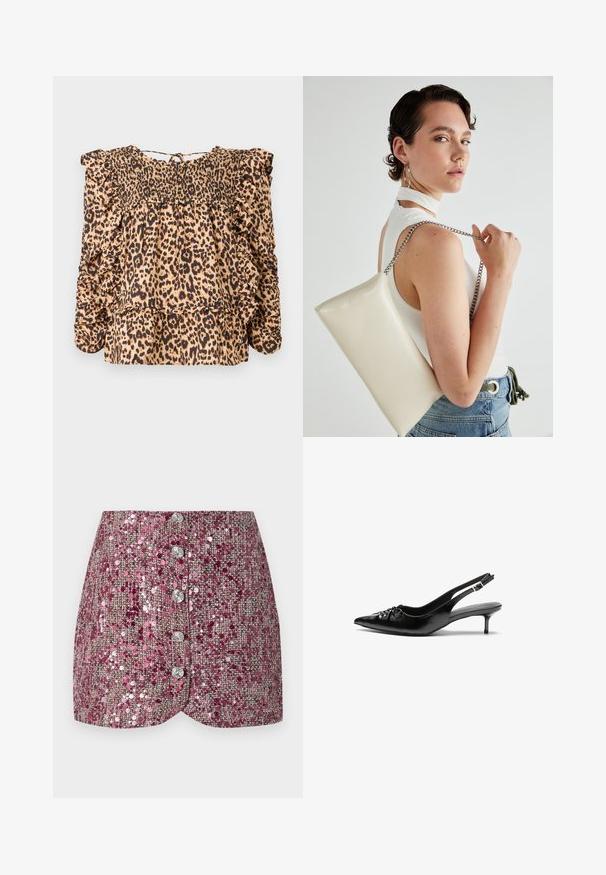 Blouse à imprimé léopard présentant un buste froncé, des manches volantées et une coupe décontractée ; fabriquée en tissu léger dans des tons beiges et noirs.; Jupe en sequins roses avec un tissage texturé, présentant un design ajusté et cinq boutons argentés sur le devant. Ourlet sculpté et accents scintillants.; Des escarpins en cuir noir à talon slingback, avec un bout pointu, un petit talon kitten et un détail de nœud décoratif à l'avant. Texture lisse sur toute la surface.; Pochette rectangulaire blanche en matériau brillant, avec une bandoulière en chaîne argentée. Le modèle pose en mettant en valeur le sac contre un fond uni.