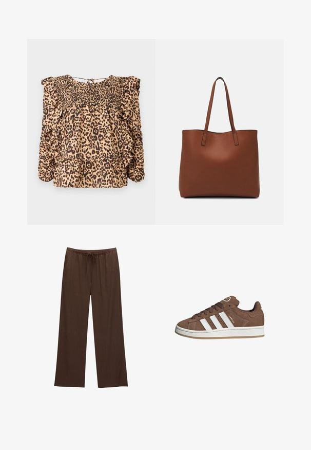Blusa con stampa leopardata caratterizzata da un corpetto arricciato, maniche a ruffles e una vestibilità ampia; realizzata in tessuto leggero nelle tonalità beige e nero.; Pantaloni larghi marroni realizzati in tessuto morbido, con vita elastica e cordoncino, e due tasche laterali.; Sneakers in suede marrone con strisce in pelle bianca, suola in gomma, punta rotonda e lacci. Presentano un logo sulla linguetta e dettagli perforati.; Borsa tote in pelle marrone con texture liscia, design con apertura superiore e due spallacci. Presenta cuciture minime e nessun hardware visibile.