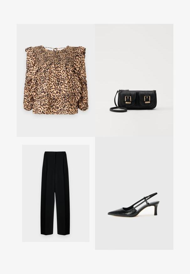 Bluza s leopard uzorkom koja ima smišljenu korpu, naborane rukave i opušteni kroj; izrađena od laganog materijala u bež i crnim tonovima.; Crne široke hlače s visokim strukom, s naborima i glatkom teksturom. Tkanina izgleda lagano i elegantno pada.; Crne lakirane slingback pete s oštrim vrhom, s teksturiranim uzorkom zmijske kože, podesivom remenom i kratkom, teksturiranom blok-petom.; Crna kožna torba preko ramena s dva prednja džepa, zlatnim kopčama, zatvaranjem na zip i uskim remenom. Teksturirana površina i kompaktan pravokutan oblik.