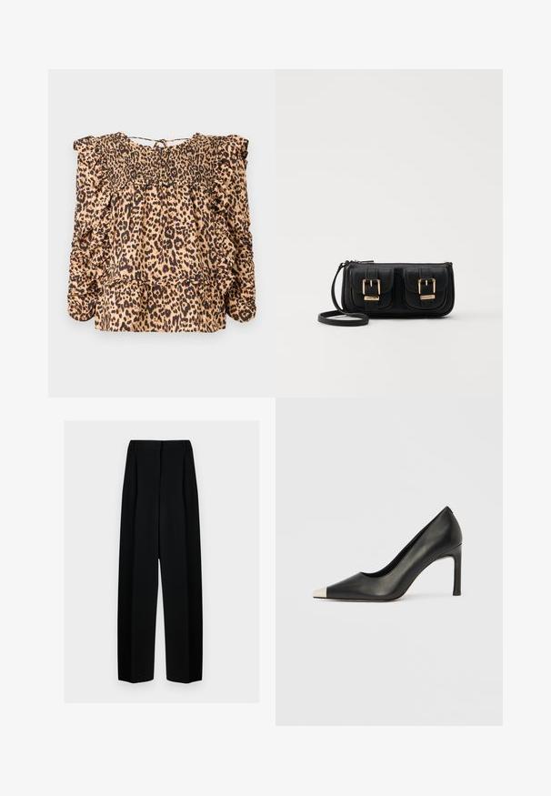 Leopard print blouse featuring a smocked bodice, ruffled sleeves, and a relaxed fit; made from lightweight fabric in beige and black tones.; Black wide-leg trousers with a high waist, featuring pleats and a smooth texture. The fabric appears lightweight and drapes elegantly.; Black leather high heel shoe with a pointed toe and a metallic silver cap. Features a smooth finish and a slender 10 cm heel.; Black leather crossbody bag with two front pockets, gold buckles, zipper closure, and a slim strap. Textured surface and compact rectangular shape.