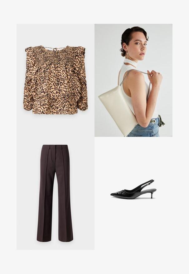Blúzka s leopardím vzorom, ktorá má šitý trup, volánové rukávy a voľný strih; vyrobená z ľahkej tkaniny v béžových a čiernych odtieňoch.; Široké nohavice v tmavohnedej látke majú prispôsobený dizajn s prednými záhybmi a hladkou textúrou, vhodné na formálne príležitosti.; Čierne kožené slingback podpätky s ostrou špičkou, malým podpatkom a dekoratívnym uzlom vpredu. Hladký povrch po celom obvode.; Biely obdĺžnikový kabelka z lesklého materiálu s strieborným reťazovým popruhom. Model predvádza kabelku na jednotnom pozadí.