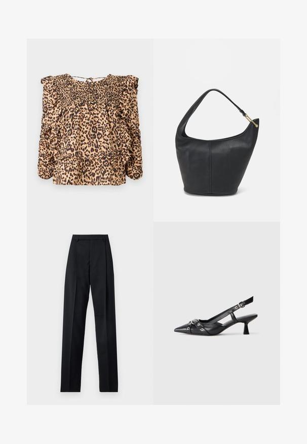 Leopard print blouse featuring a smocked bodice, ruffled sleeves, and a relaxed fit; made from lightweight fabric in beige and black tones.; Black trousers made from smooth fabric featuring a high waist, wide legs, front pleats, and classic belt loops. No side pockets visible.; Black leather slingback shoe with a pointed toe, decorative straps featuring metal eyelets, and a low block heel. Textured surface.; Black leather handbag with a rounded shape, a wide strap, and a textured finish. Features a subtle seam detail and a gold-tone hardware accent.