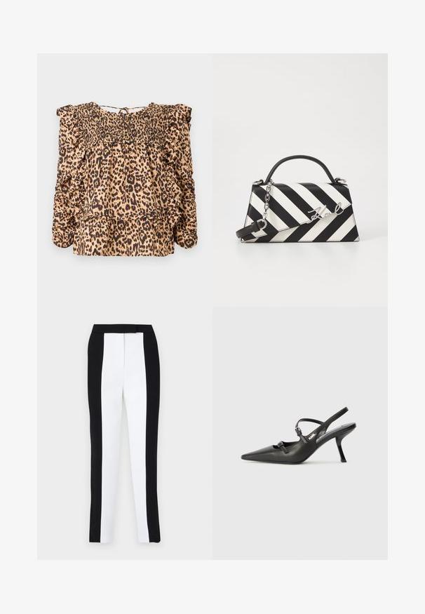Blouse met luipaardprint, voorzien van een smock-borststuk, ruches op de mouwen en een ontspannen pasvorm; gemaakt van een lichtgewicht stof in beige en zwarte tinten.; Zwart-witte tapered broek met een slanke pasvorm en contrasterende panelen. De stof heeft een gladde textuur; de tailleband is plat en aansluitend.; Zwarte leren slingback hakken met een spitse neus, slanke hak en decoratieve gespdetails op de bovenkant. Gladde textuur en een strakke uitstraling.; Zwart-wit gestreepte handtas met een gestructureerde vorm, voorzien van een bovenhandvat, een afneembare kettingriem en een metalen logo-accent.