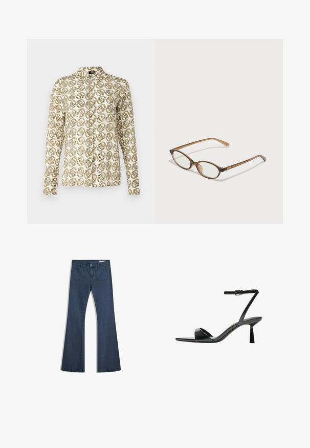 Langærmet bluse i cremefarvet stof med et gentaget geometrisk mønster i guld- og bruntoner. Klassisk krave og knap-tryk foran.; Mørkeblå, udvidede denimjeans med syede lommer, knaplukning og en glat tekstur. Har et klassisk fem-lommemønster.; Bershka Højhælede sandaletter / Højhælede sandaler - black; Brune skildpaddemønstrede briller med ovale linser, tynde arme og gennemsigtige accenter. Har et diskret logo på stangen. Slankt, let design.