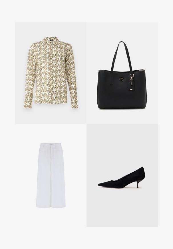 Blúzka s dlhým rukávom v krémovej farbe, zdobená opakujúcim sa geometrickým vzorom v zlatých a hnedých odtieňoch. Klasický golier a gombíkový zapínanie vpredu.; Biele široké nohavice s hladkým povrchom, so 2 prednými vreckami a zapínaním na gombík, navrhnuté pre pohodlné nosenie.; Čierne semišové lodičky s špicatou špičkou a úzkym, nízkym opätkom. Hladká textura s elegantným dizajnom, bez viditeľných kovových súčiastok.; Čierna taška cez plece vyrobená z textúrovaného syntetického materiálu, so zatahovacími popruhmi, zlatou logovou tabuľkou a malou značkou s akcentovou detailou.